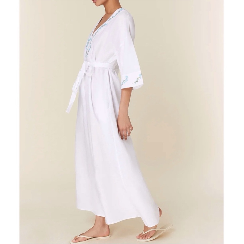 NWT Andie x Fanm Mon KEPEZ DRESS LINEN CAFTAN NEW White Blue EMBROIDERED size XL - Picture 4 of 11